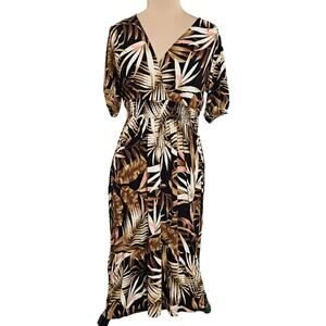 Safari Dress Wrap V Neckline High Low Midi Medium Leaf Print Smocked Waist